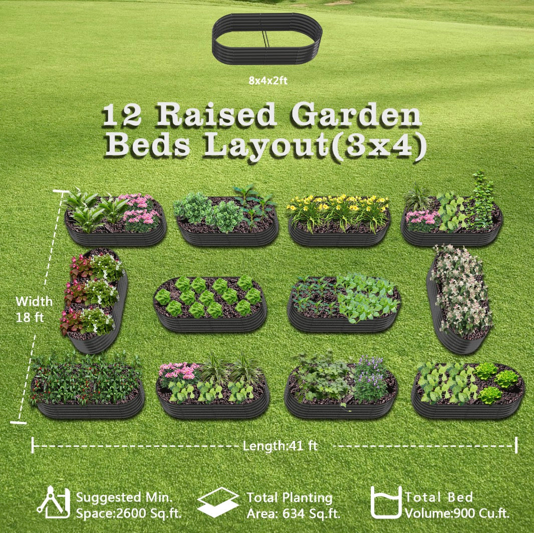 Set of 12: 8x4x2ft Oval Modular Metal Raised Garden Beds (Grey) - Anleolife