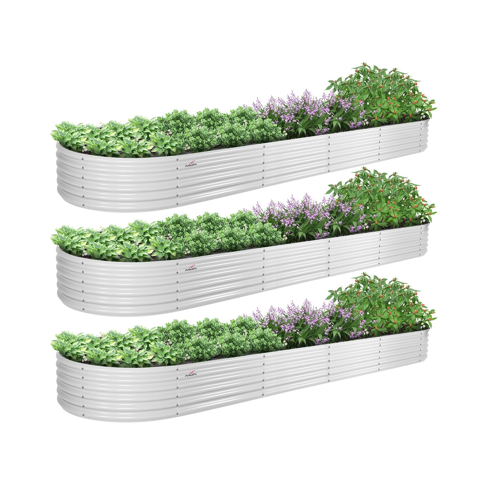 Set of 3: 12x3x1.5ft Oval Modular Metal Raised Garden Bed (White) - Anleolife