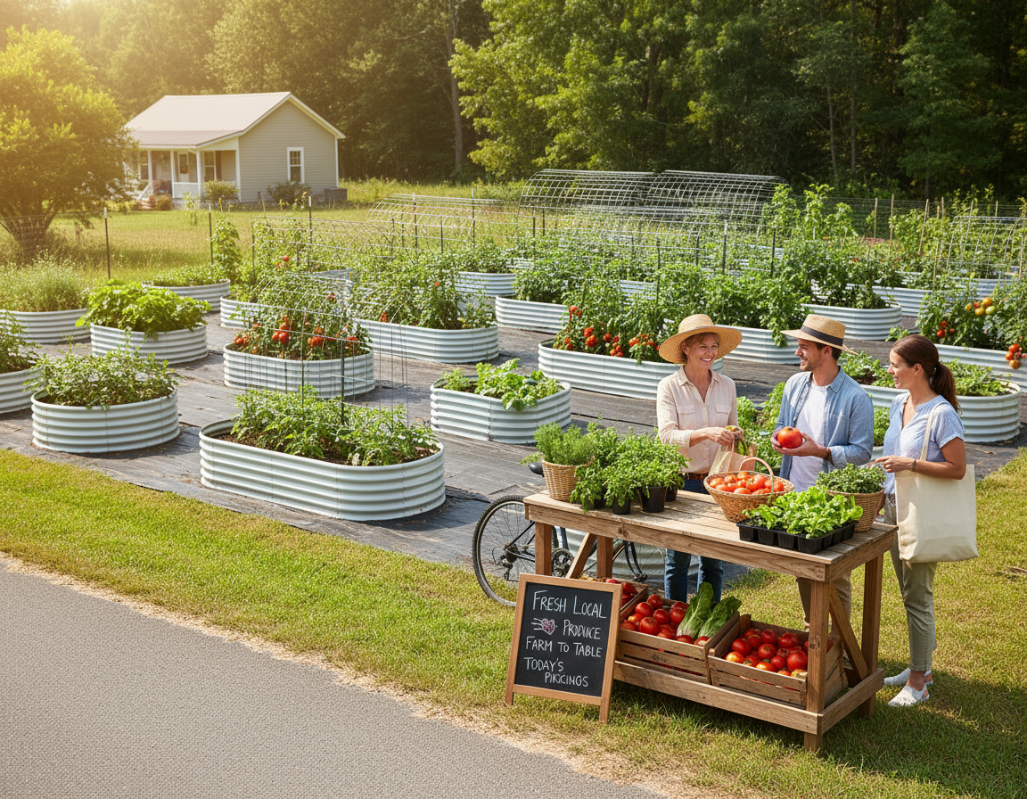 People selling fresh produce at a farmers market with raised garden beds in the background.