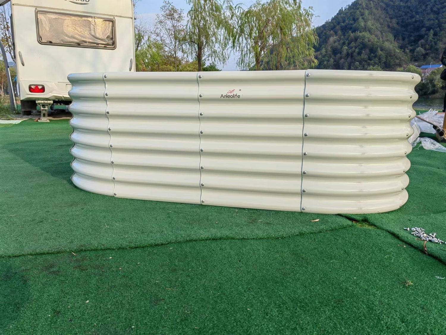 8x4x2ft White Oval Galvanized Modular Metal Raised Garden Bed - Anleolife