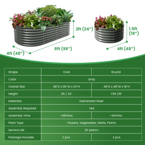 Set of 4: 4x1.5ft Round & 8x4x2ft Grey Oval Metal Raised Garden Beds - Anleolife