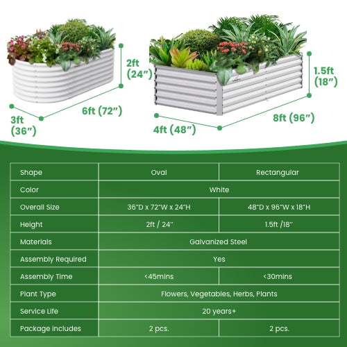 Set of 4: 2 pcs (8x4x1.5ft) + 2 pcs (6x3x2ft) Oval & Rectangular Metal Raised Garden Beds (White) - Anleolife