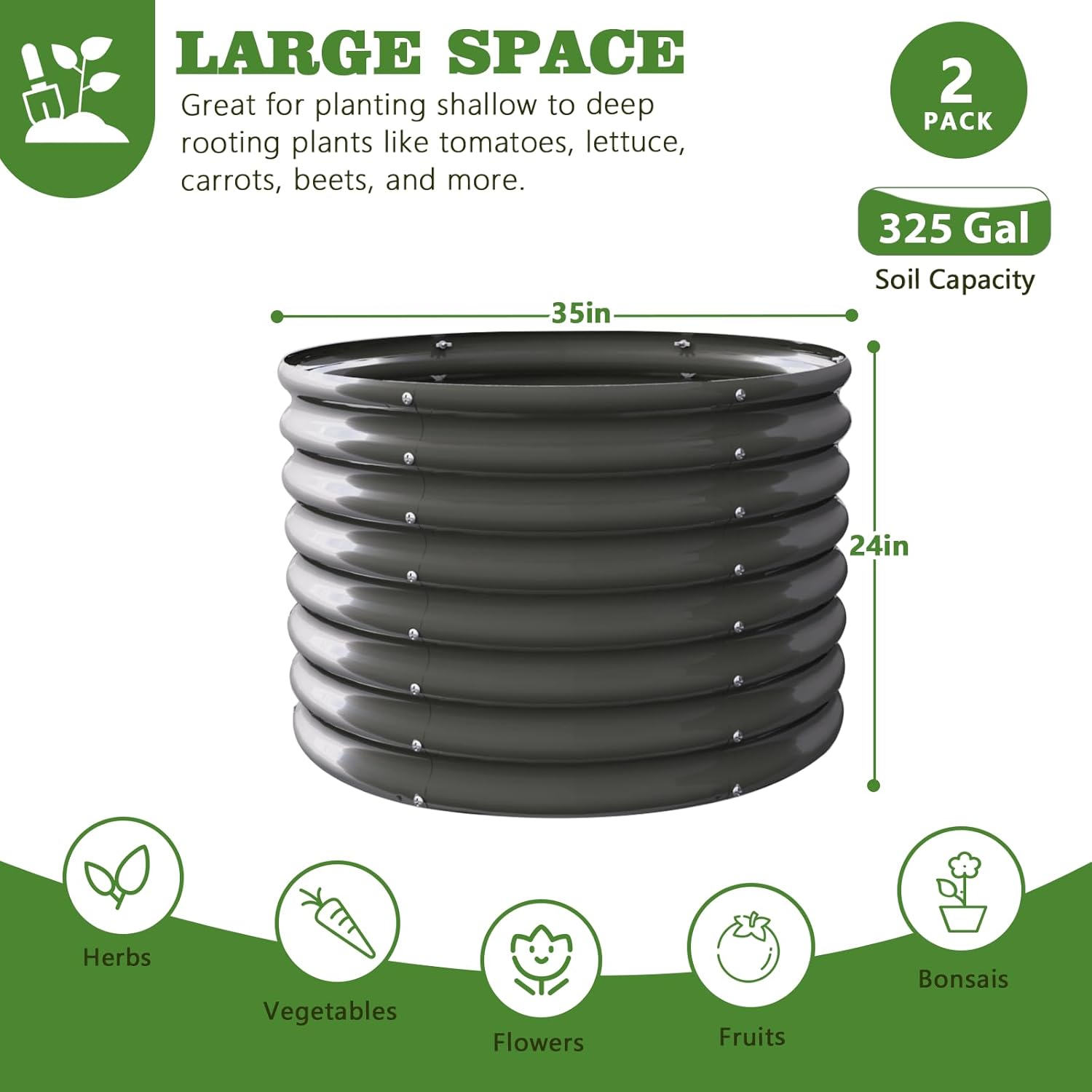 Set of 2:3ft x 24”Tall Grey Round Galvanized Raised Garden Beds, Anti-Rust & Easy-Setup - Anleolife