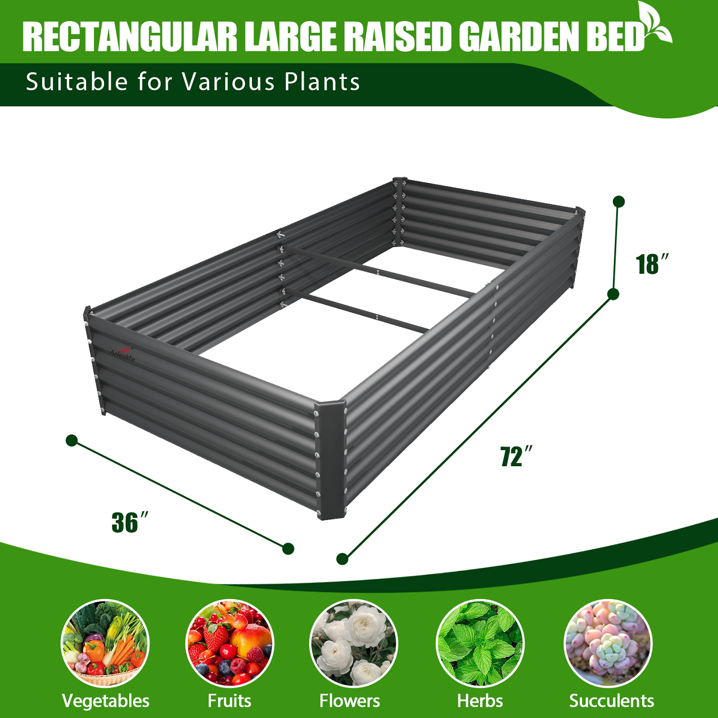 6x3x1.5ft Grey Rectangular Galvanized Modular Metal Raised Garden Bed - Anleolife