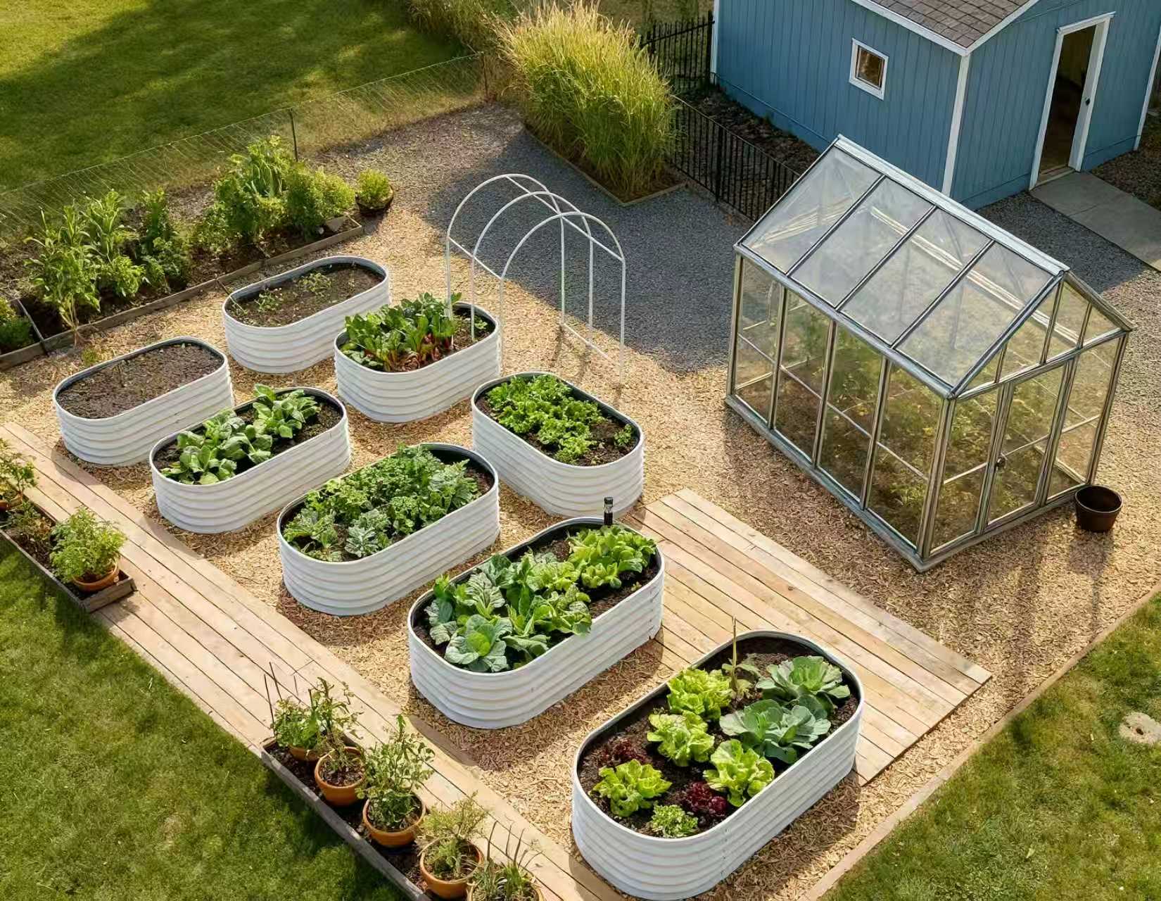 Garden with raised beds and a greenhouse