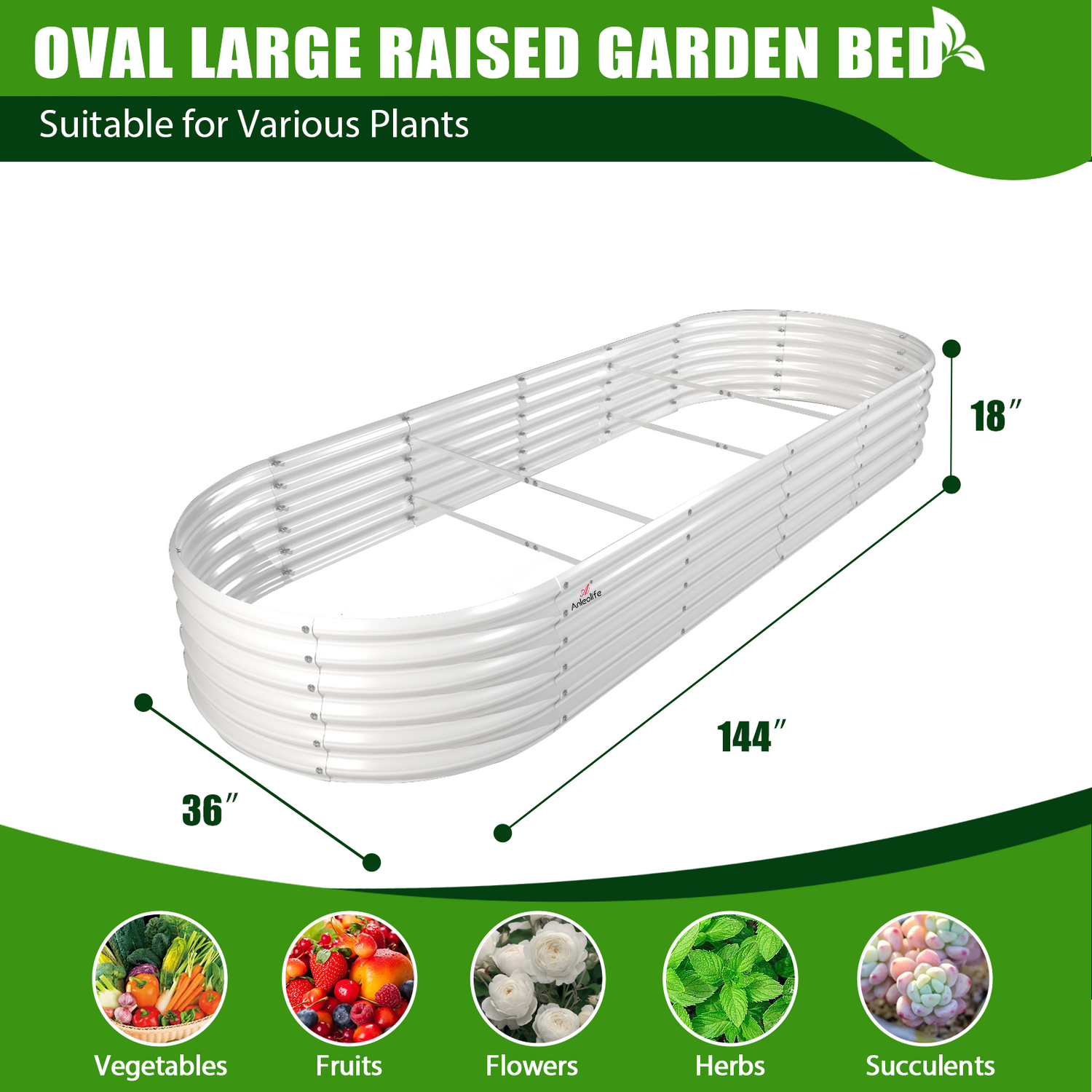 Set of 3: 12x3x1.5ft Oval Modular Metal Raised Garden Bed (White) - Anleolife