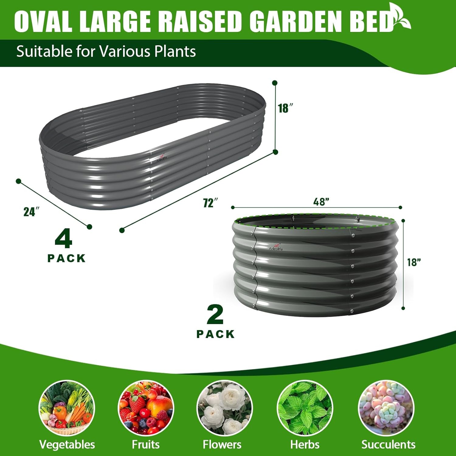 Set of 6: 2pcs(4x1.5ft) & 4 pcs (6x2x1.5ft) Metal Raised Garden Bed (Grey) - Anleolife