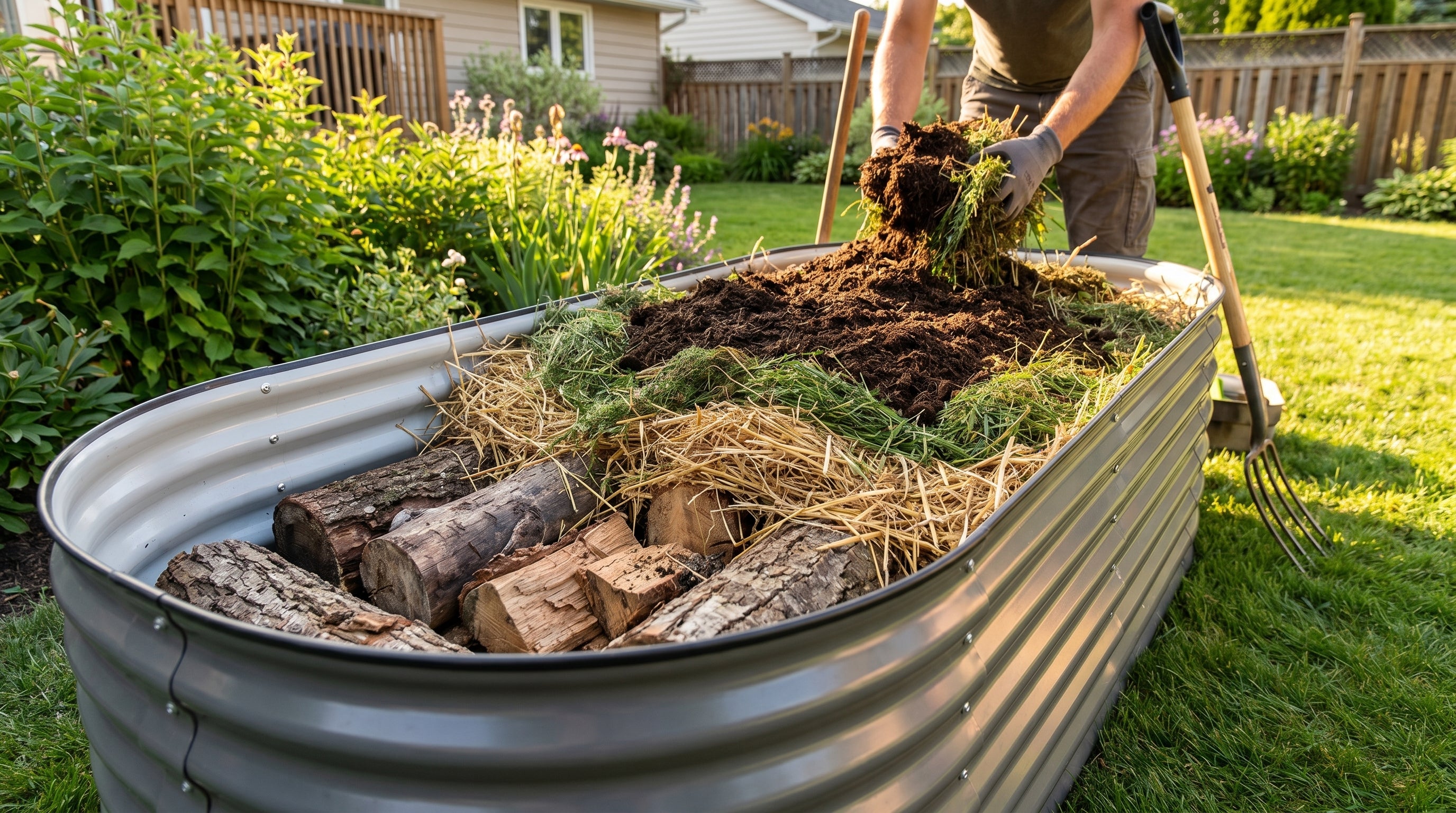 How to Fill a Large Raised Garden Bed on a Budget: Hugelkultur & Layering Methods