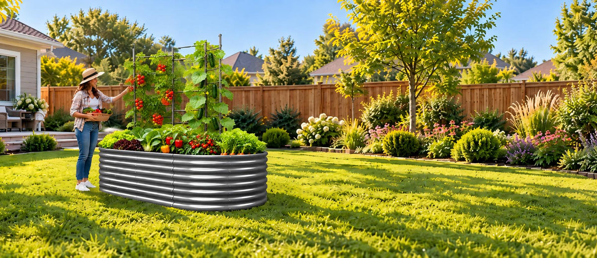 Garden arch supporting climbing plants between raised garden beds