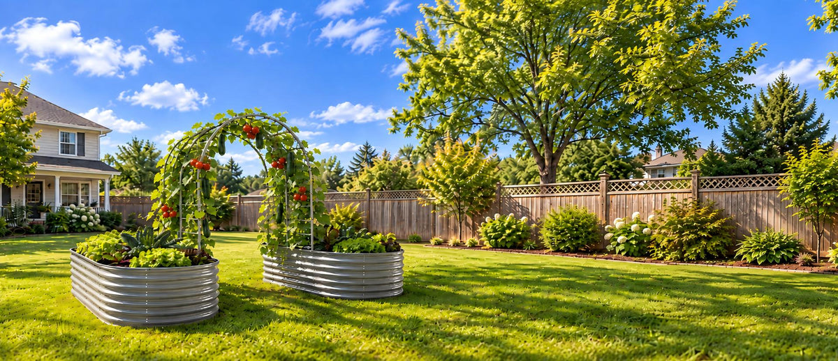 Garden arch supporting climbing plants between raised garden beds