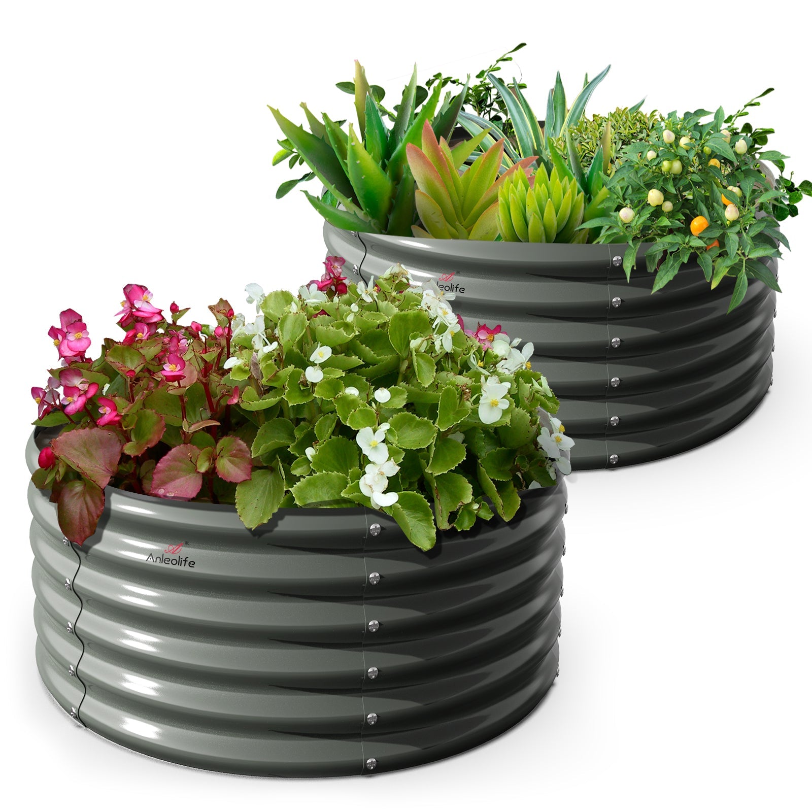 48"x48"x18"Grey Round Galvanized Metal Raised Garden Beds,Set of 2, Large Inner Space - Anleolife