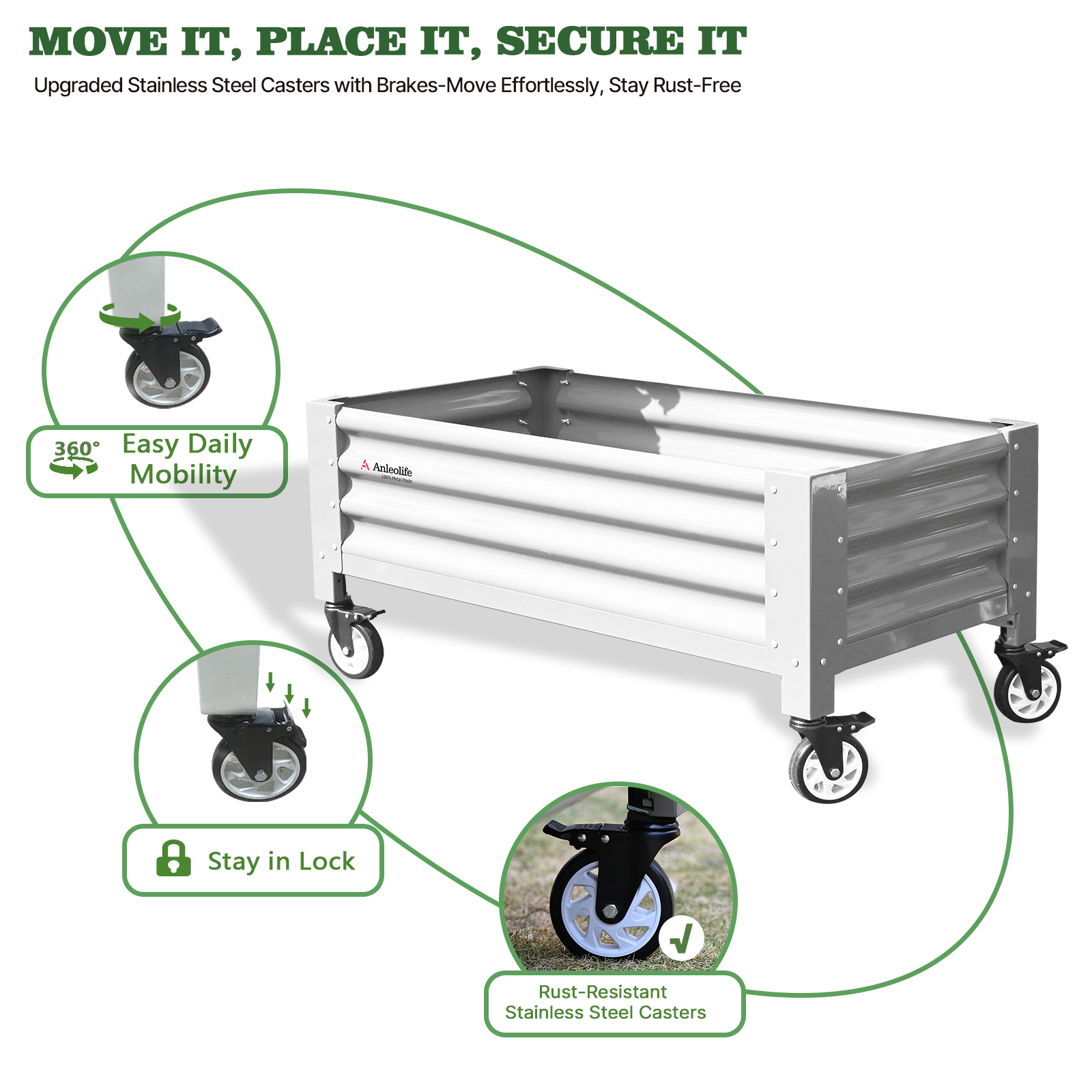 Elevated Raised Garden Bed with stainless steel casters and brakes on a white background 