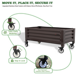 Elevated metal garden bed with stainless steel casters on a white background 