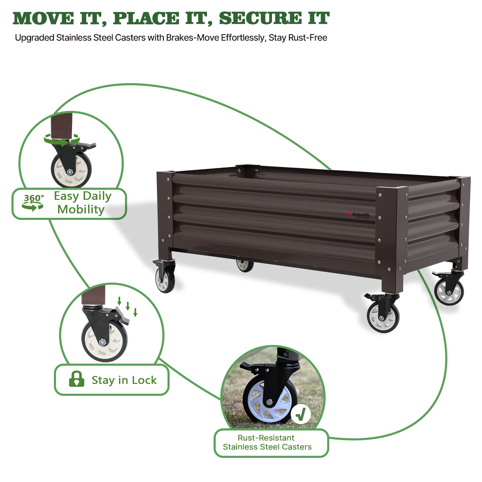 Elevated metal garden bed with stainless steel casters on a white background 