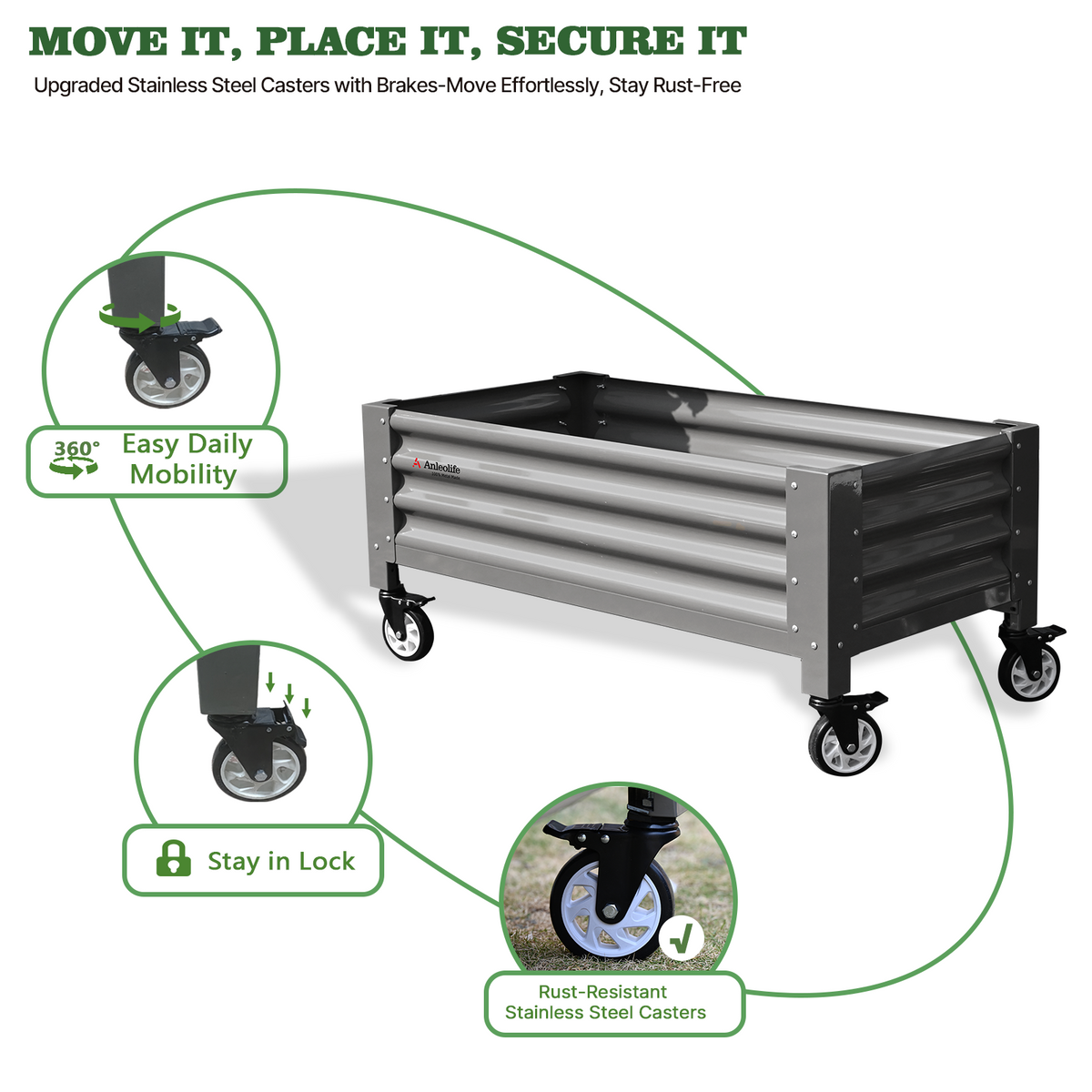Elevated Raised Garden Bed with stainless steel casters on a white background, featuring text about caster features.  