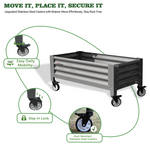 Elevated Raised Garden Bed with stainless steel casters on a white background, featuring text about caster features.  