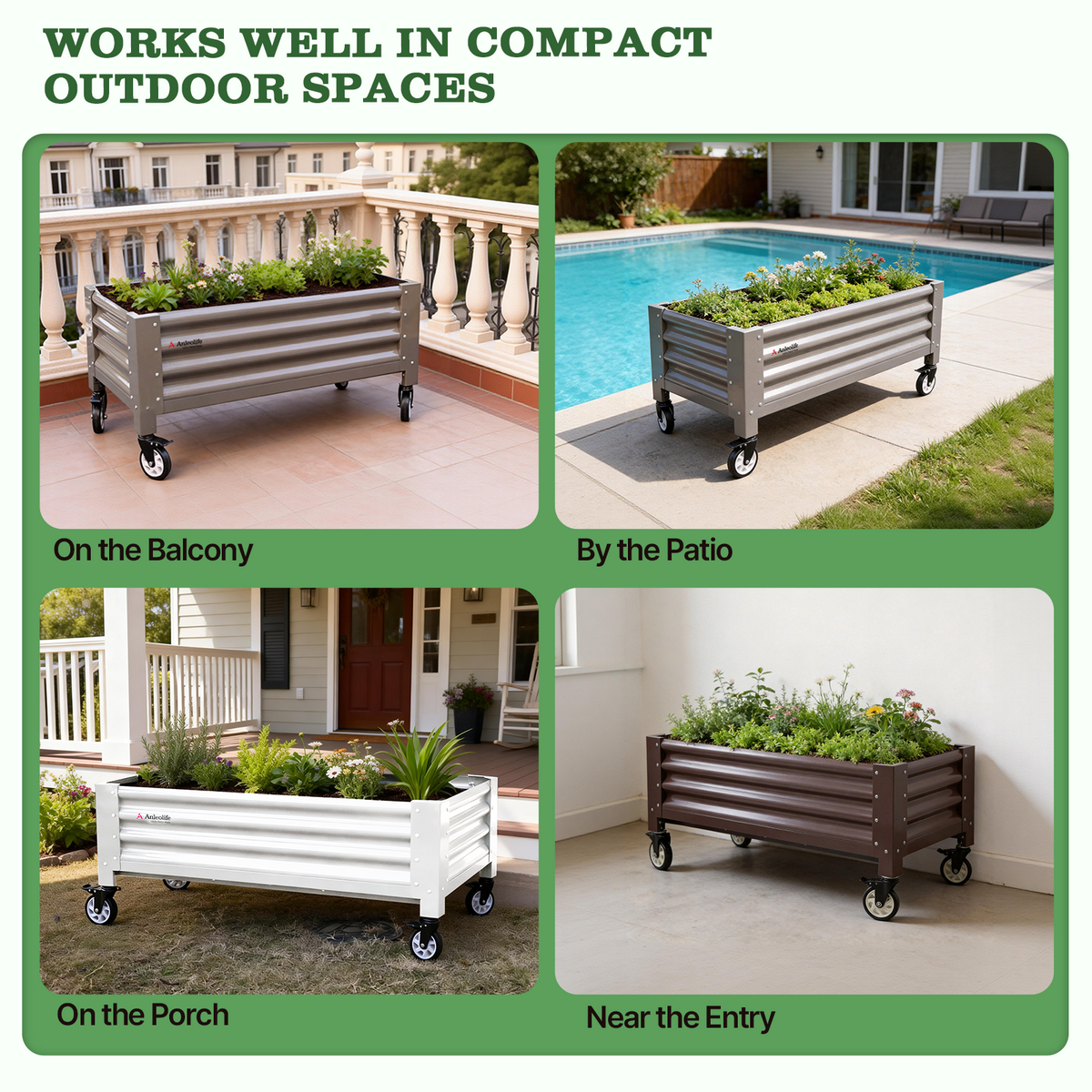 Collage of a movable elevated garden bed in various outdoor settings with text indicating its versatility. 
