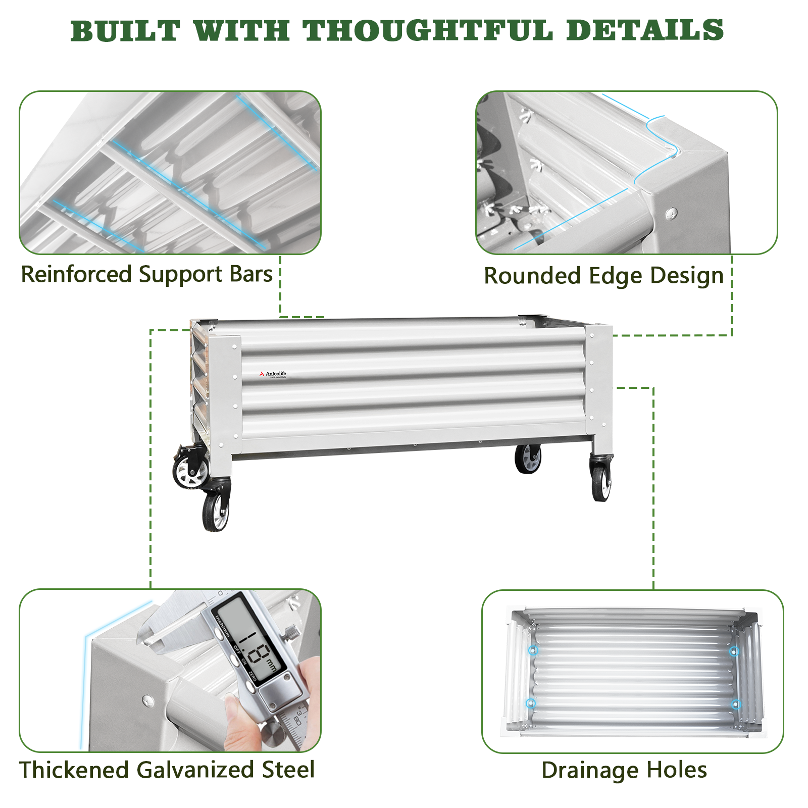 Elevated Raised Garden Bed with reinforced support bars, rounded edge design, thickened galvanized steel, and drainage holes on a white background. 