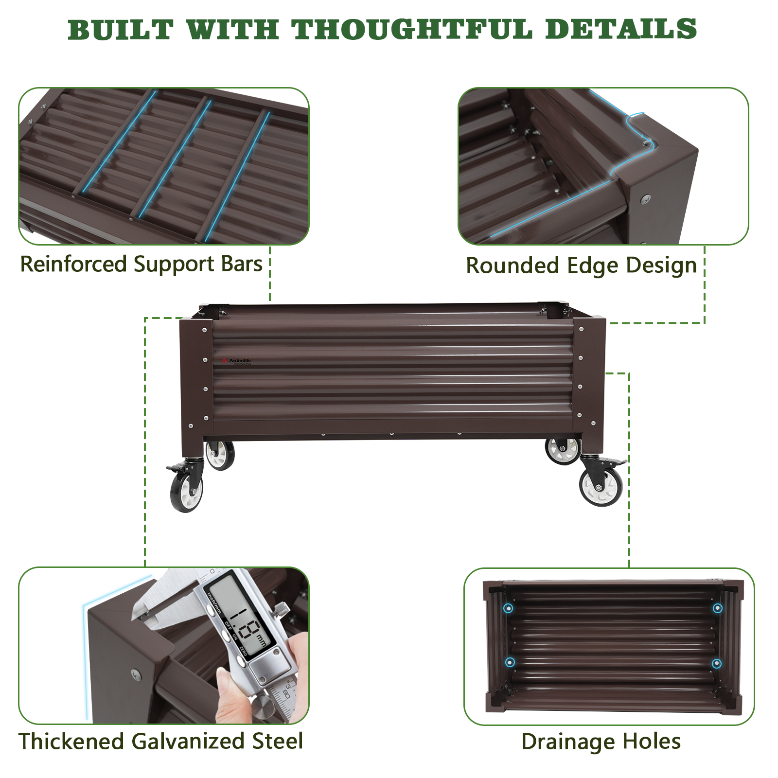 22" Tall 4x2 ft Rust-Resistant Elevated Raised Garden Bed with Low-Profile Wheels with features highlighted on a white background 