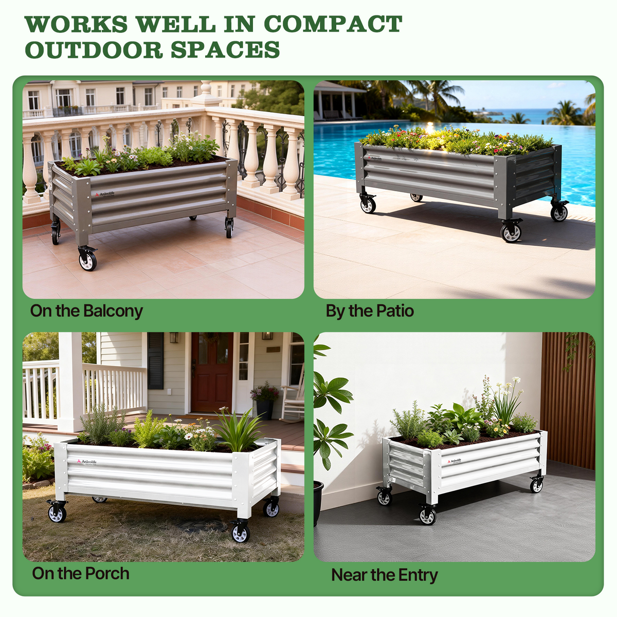 Collage of Elevated Raised Garden Bed in various outdoor settings with text indicating their versatility. 