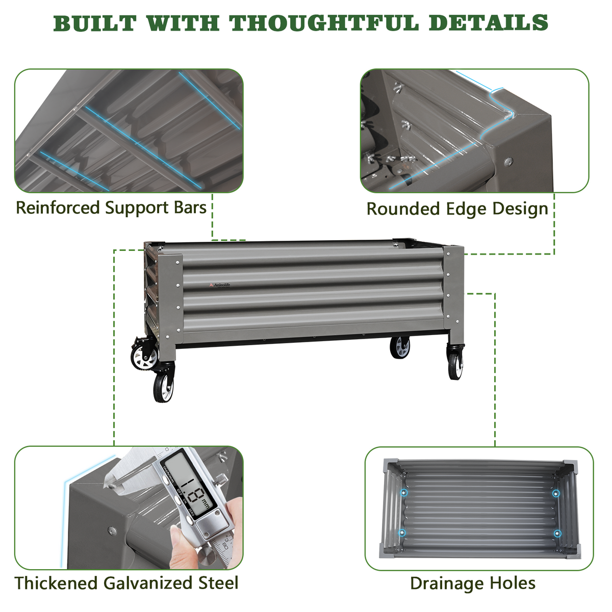 22" Tall 4x2 ft Rust-Resistant Elevated Raised Garden Bed with Low-Profile Wheels with features highlighted on a white background 