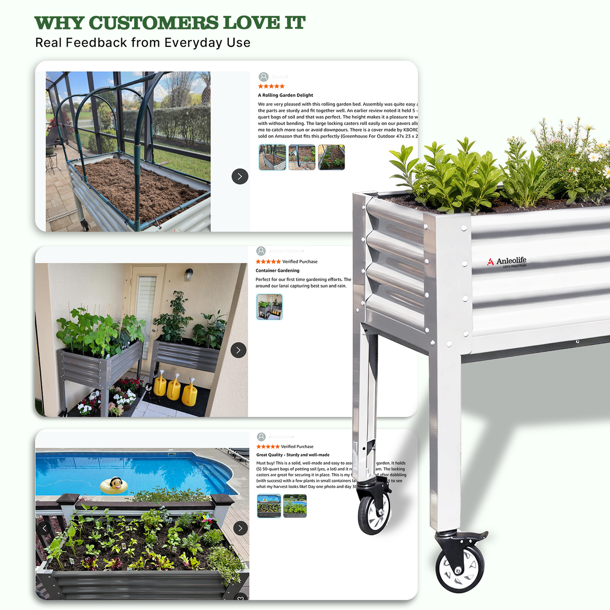 Raised garden bed with wheels and plants, shown in various settings with customer feedback text. 