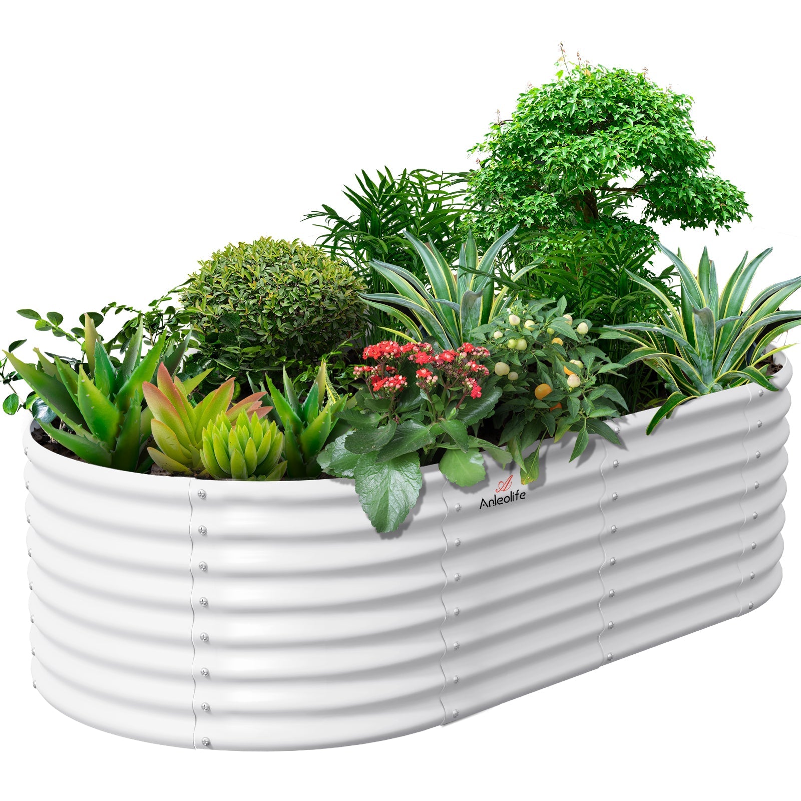 8x4x2ft White Oval Galvanized Modular Metal Raised Garden Bed - Anleolife