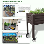 Raised garden bed with wheels and plants, surrounded by customer feedback images on a white background. 