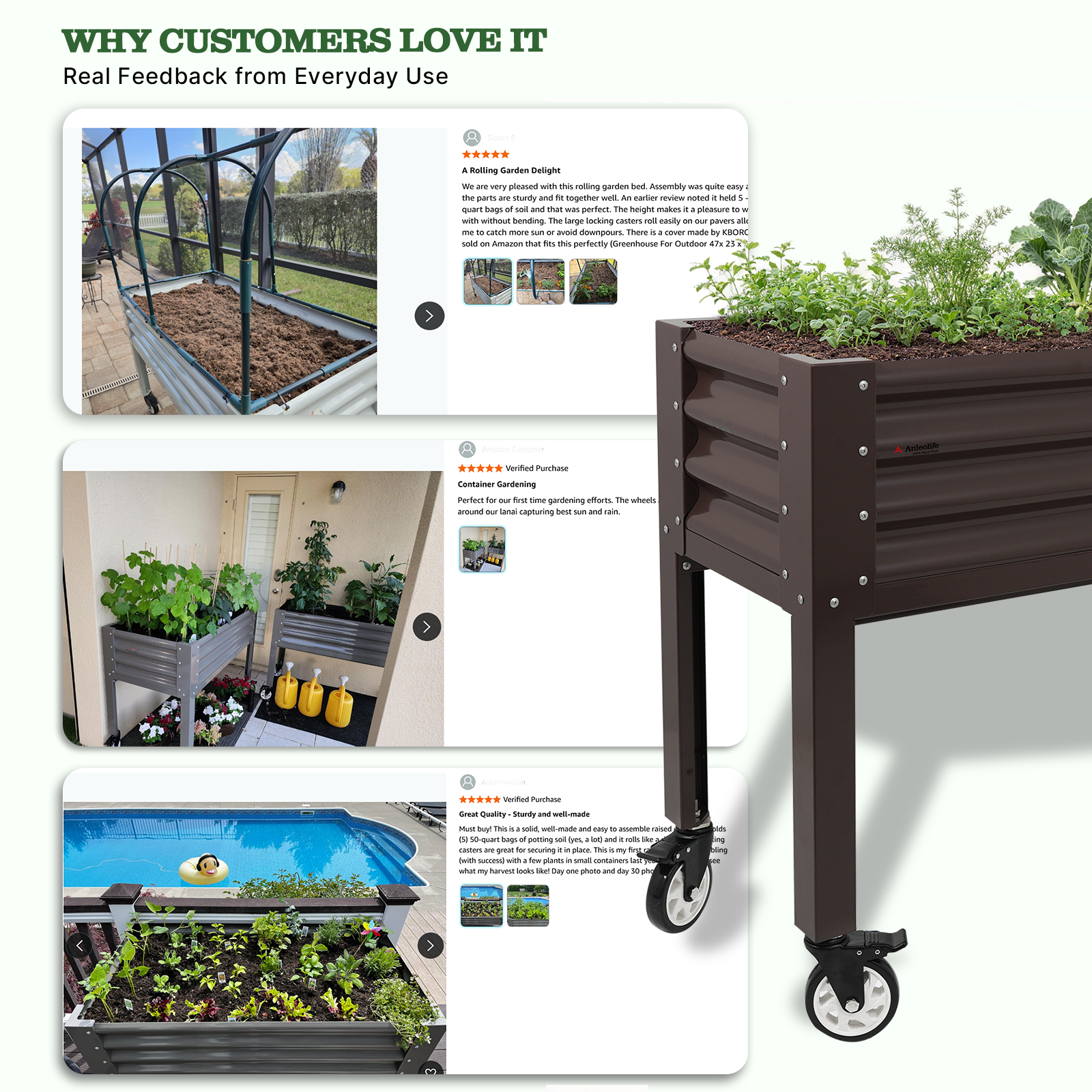 Raised garden bed with wheels and plants, surrounded by customer feedback images on a white background. 