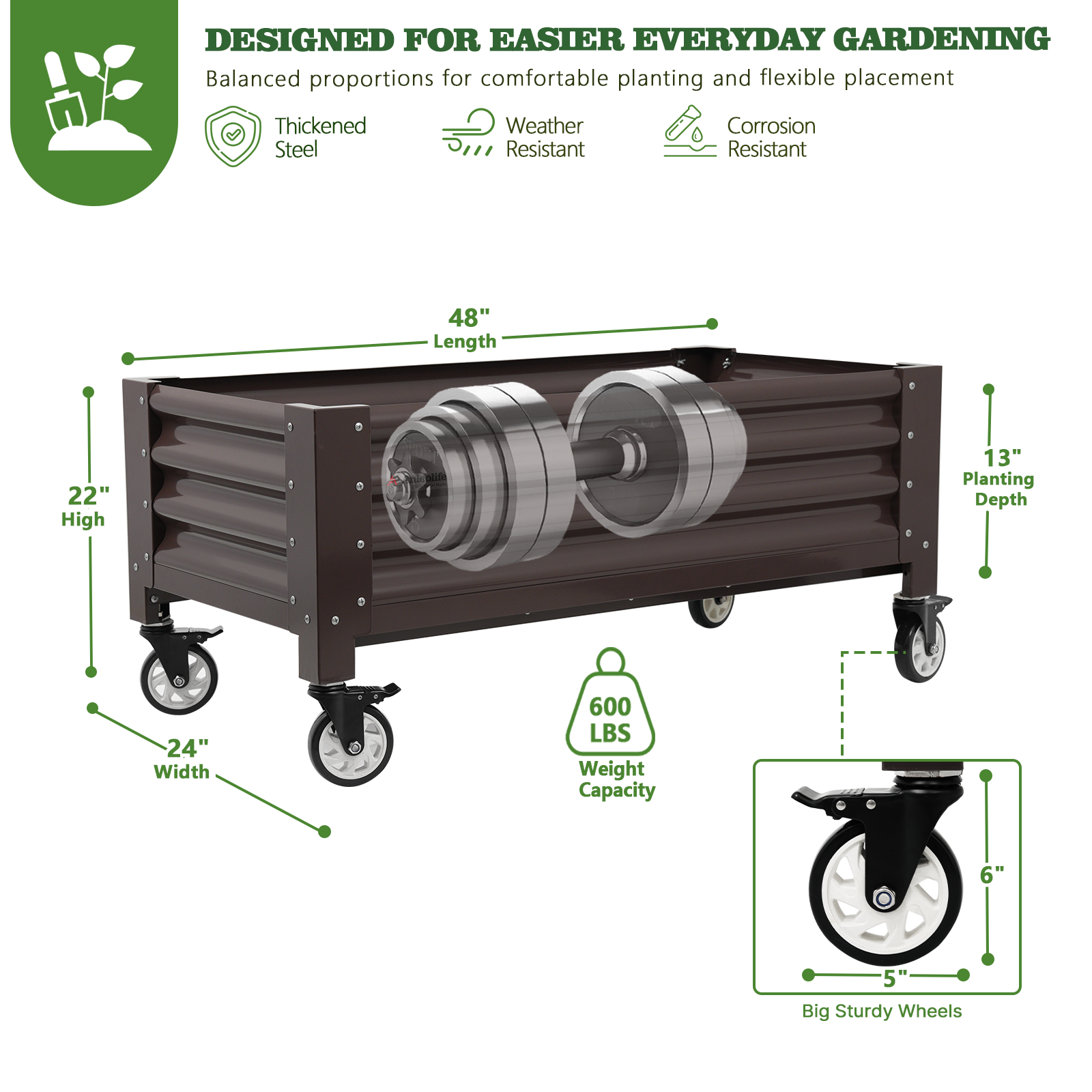 22" Tall 4x2 ft Rust-Resistant Elevated Raised Garden Bed with Low-Profile Wheels with dimensions and features highlighted on a white background 