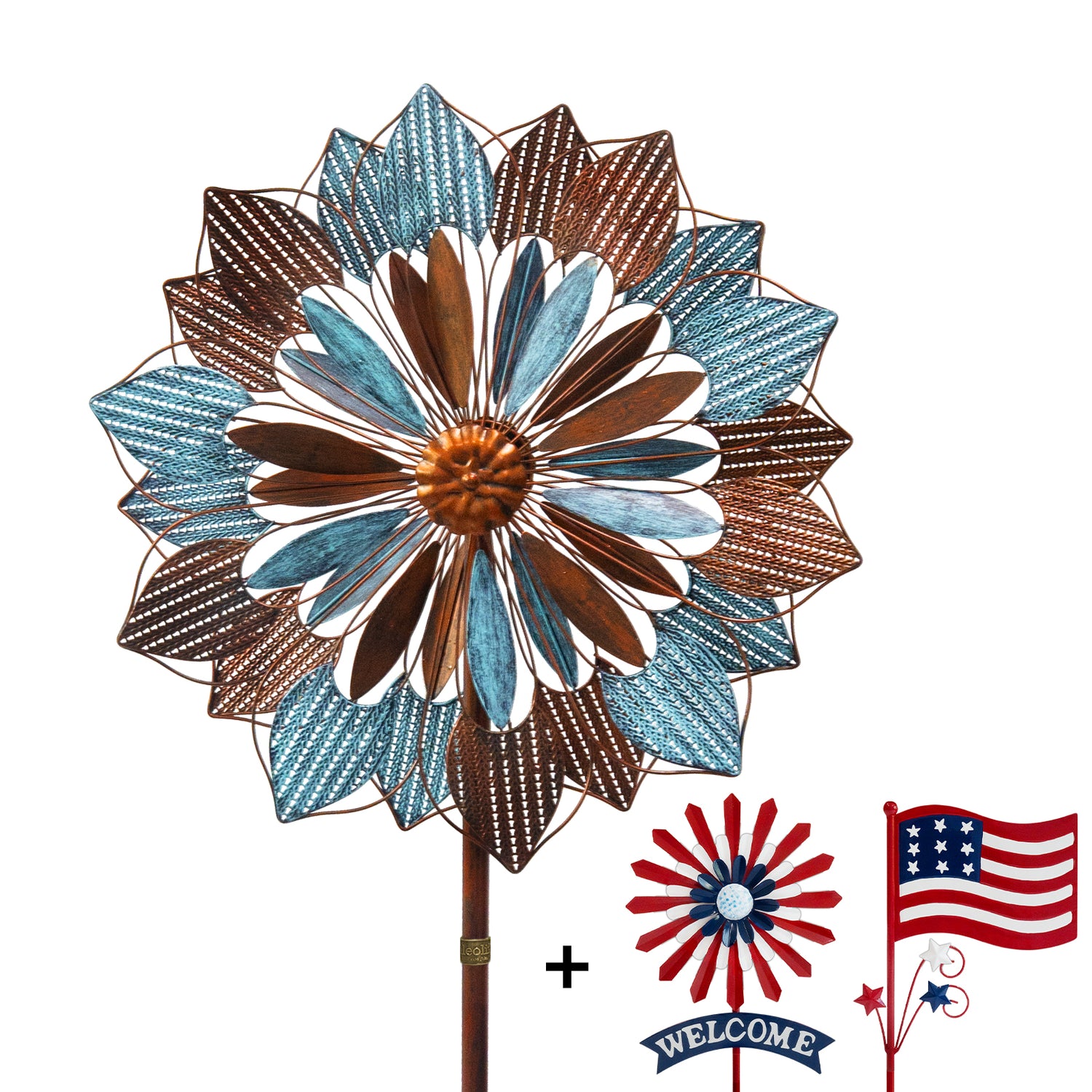 84"  Outdoor Metal Kinetic Wind Spinner – Retro Flame, Coffee & Gray-Blue