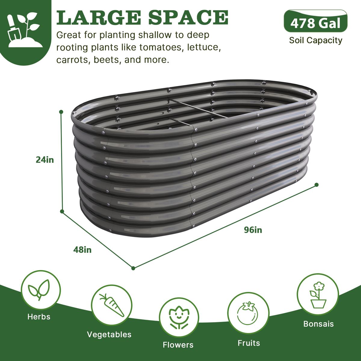 Garden planter with dimensions and capacity details 