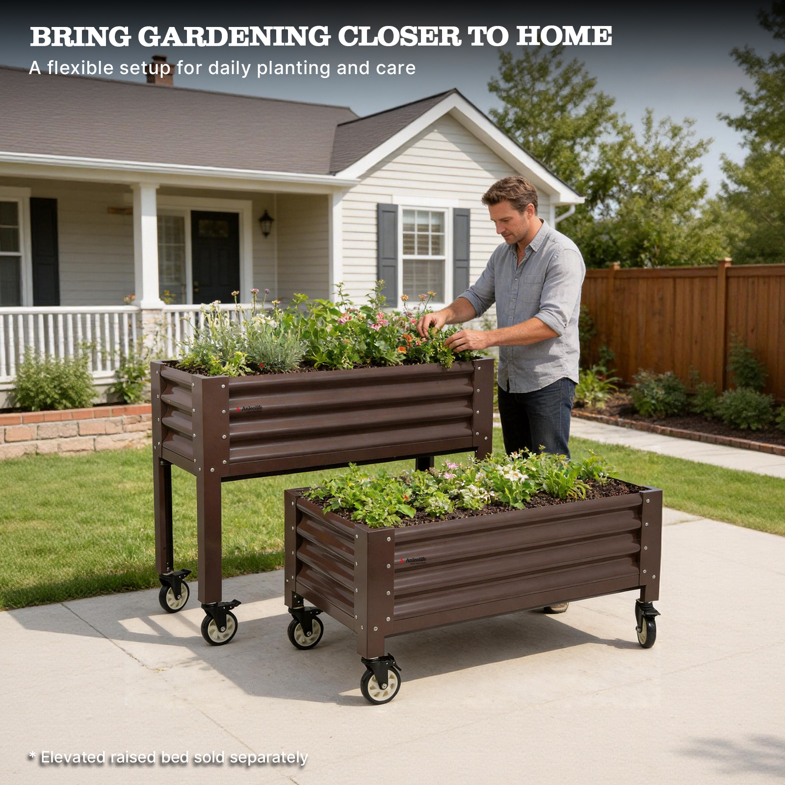 Man tending to plants in outdoor elevated raised garden beds with a house and garden in the background. 