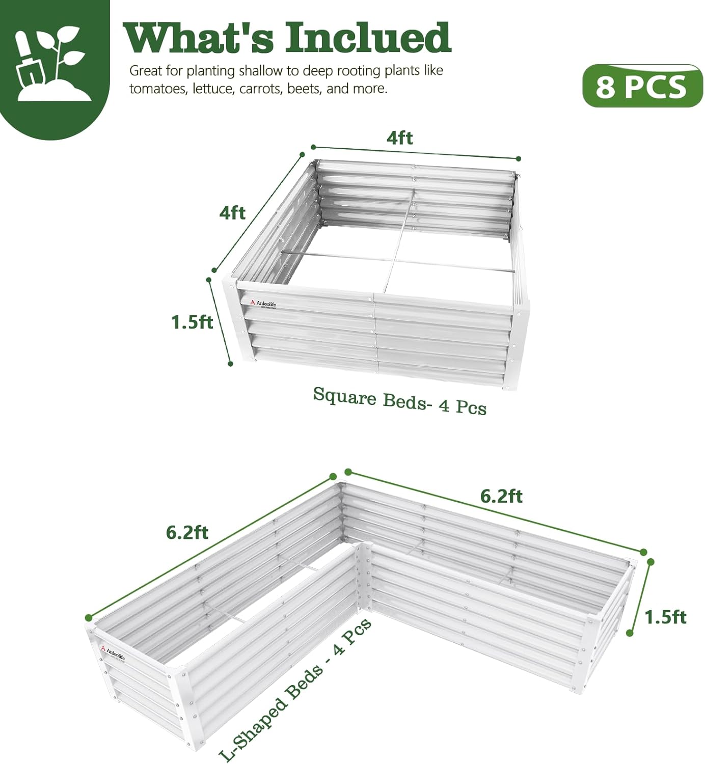 Wooden garden beds with dimensions and packaging details on a white background 