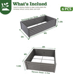 Rectangular and square raised garden beds with dimensions and quantity information on a white background. 