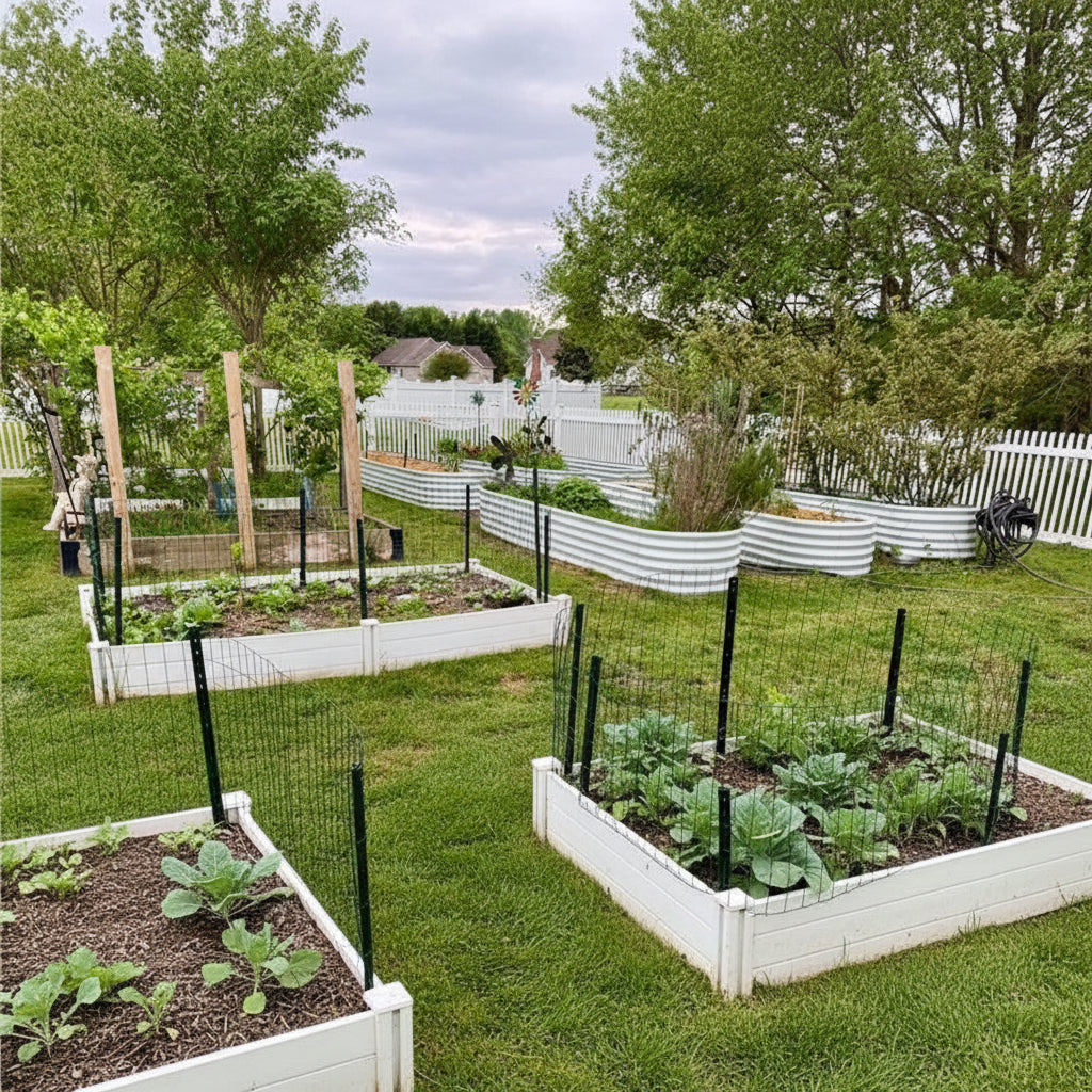 Vegetable garden with raised beds and a white picket fence in the background 