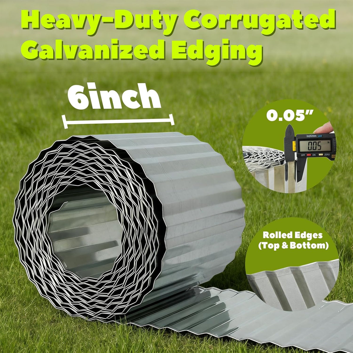 Heavy-duty corrugated galvanized edging with measurement details on a grass background 