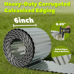 Heavy-duty corrugated galvanized edging with measurement details on a grass background 