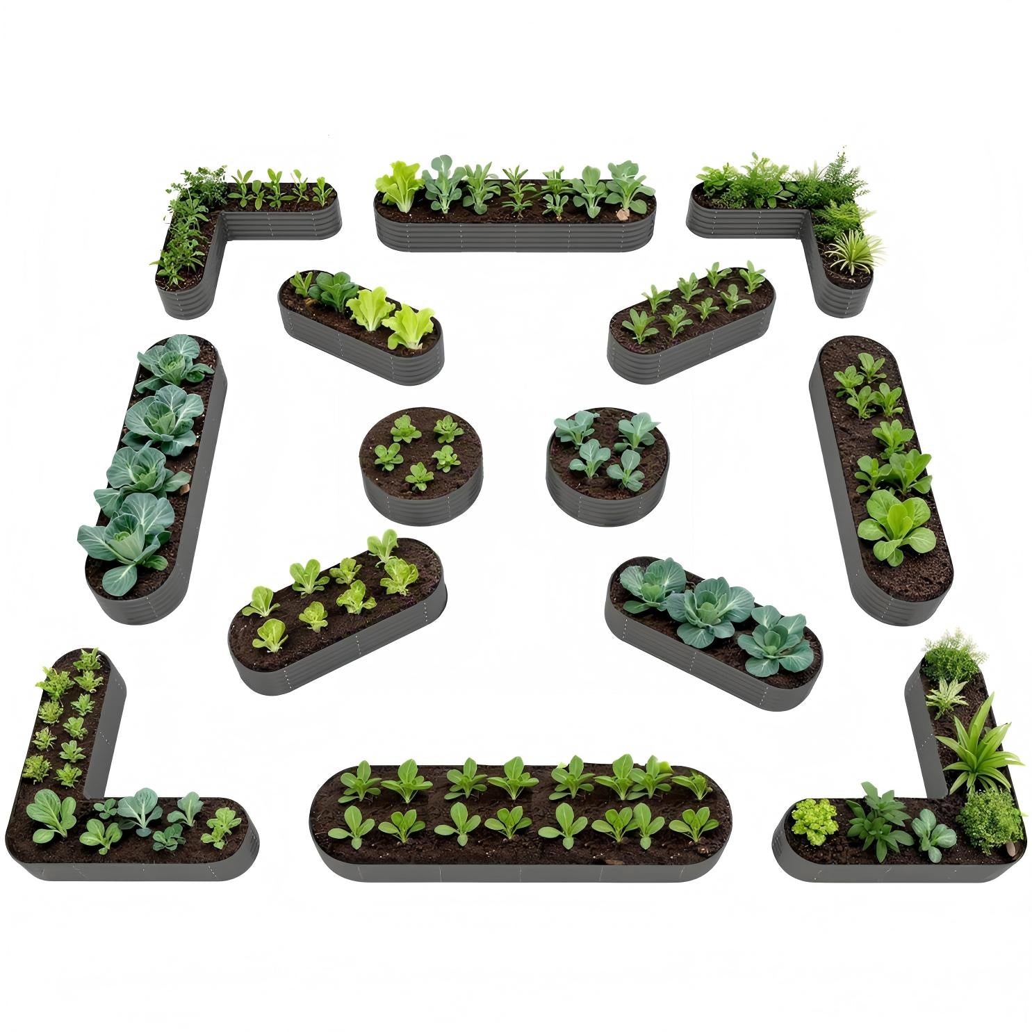 Letter-shaped garden planters with plants arranged to form the word 'GARDEN' on a white background. #quartz-gray