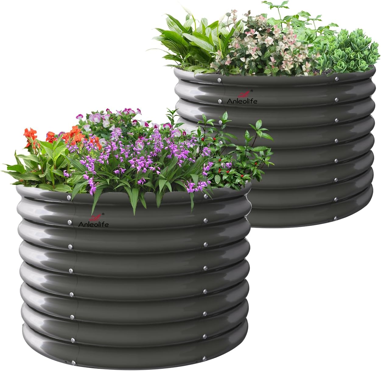 Set of 2:3ft x 24”Tall Grey Round Galvanized Raised Garden Beds, Anti-Rust & Easy-Setup