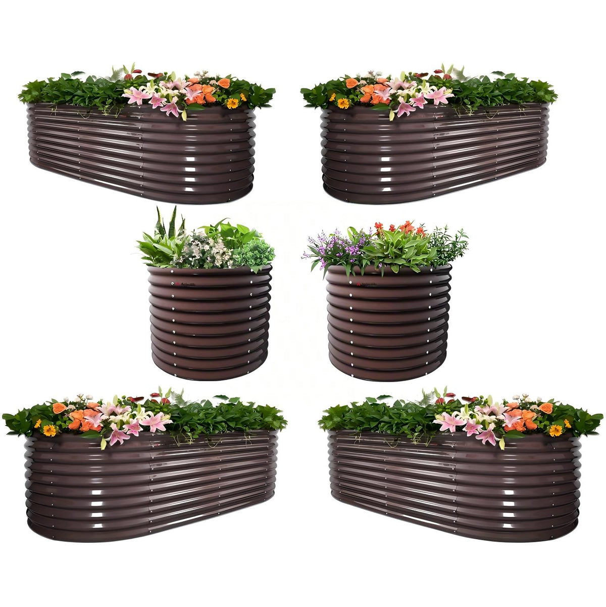 Set of six brown corrugated metal planters with plants and flowers on a white background 