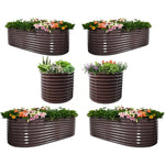 Set of six brown corrugated metal planters with plants and flowers on a white background 