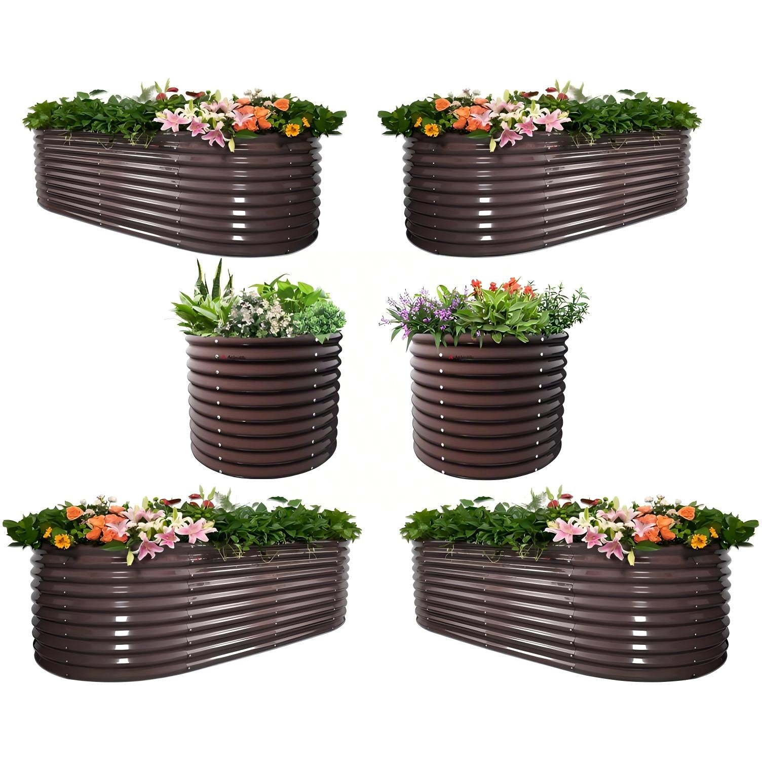 Set of six brown corrugated metal planters with plants and flowers on a white background 