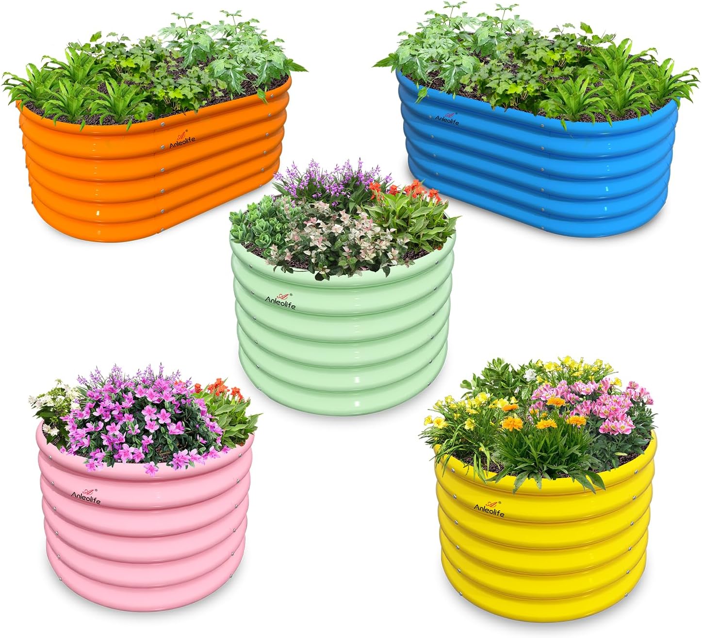 Set of 5:3x2x1.5ft&2x2x1.5ft Kids Round Galvanized Metal Raised Garden Beds  (Mixed Color)