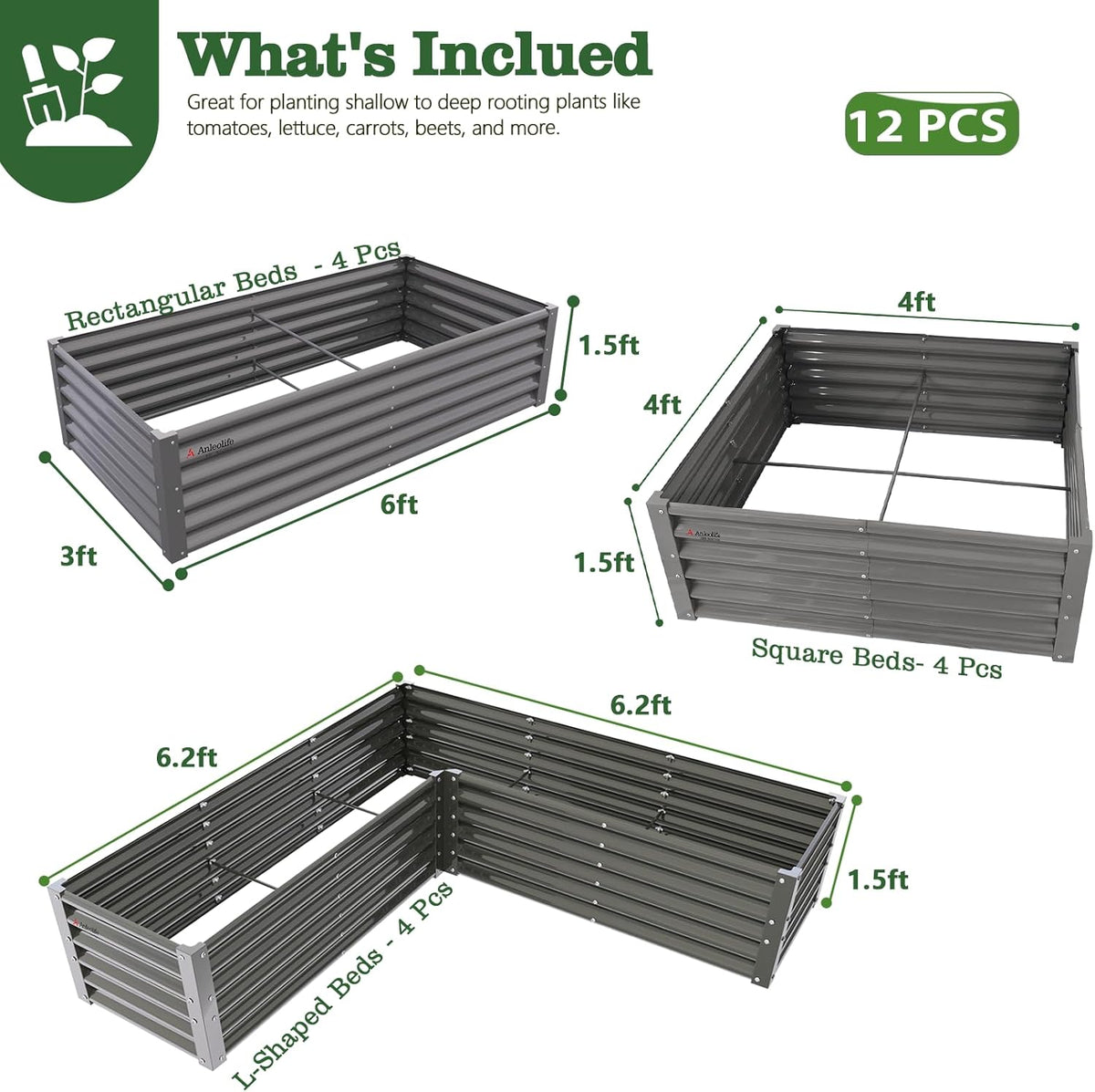 Set of garden beds with dimensions and quantity information on a white background 