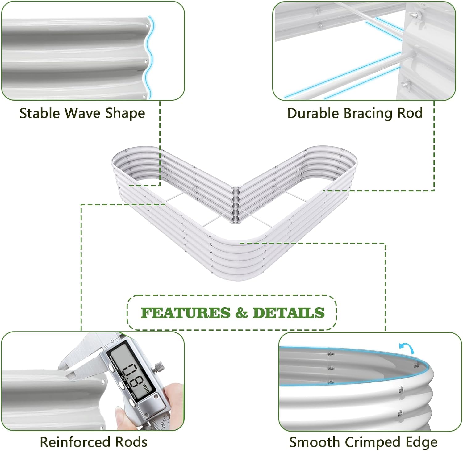 Product features including stable wave shape, durable bracing rod, reinforced rods, and smooth crimped edge. 
