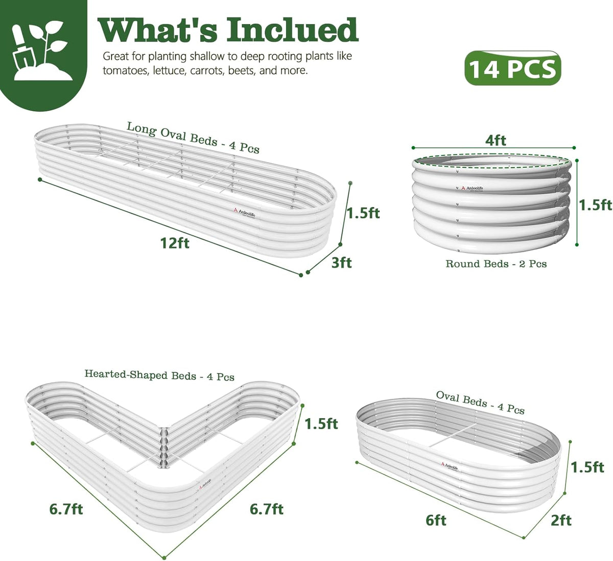 Garden bed packaging with product details and dimensions on a white background 