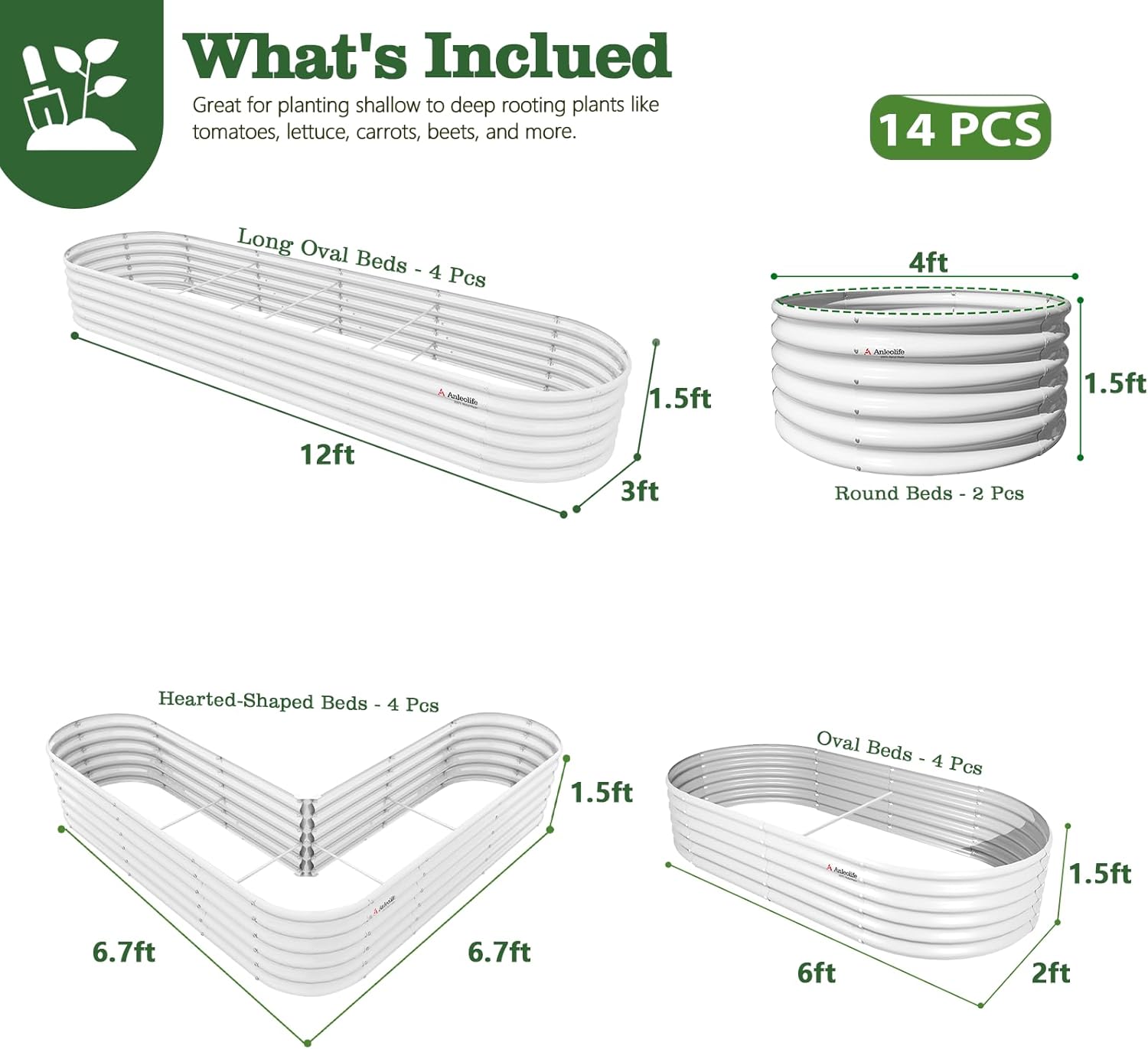 Garden bed packaging with product details and dimensions on a white background 