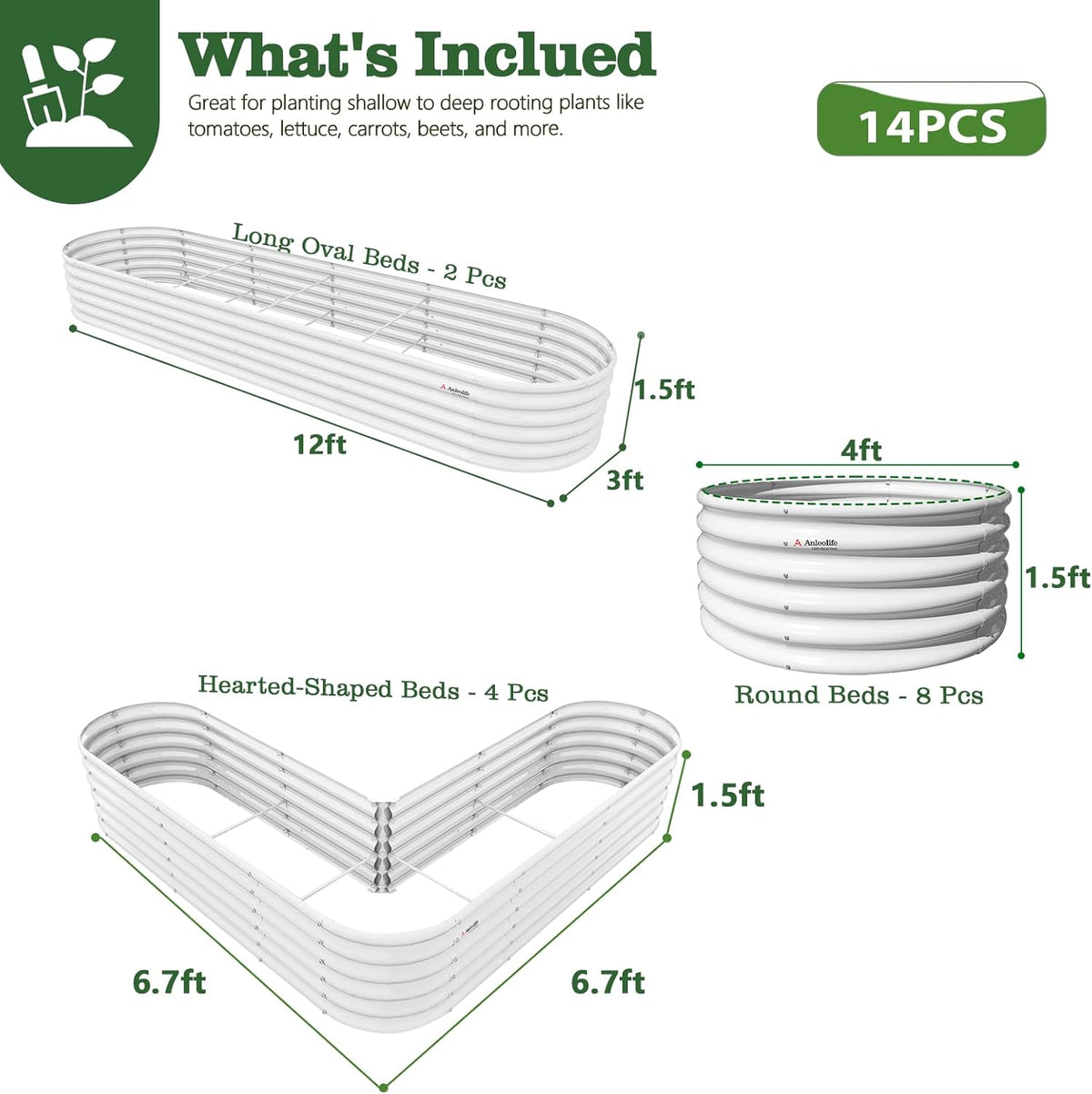 Garden bed packaging with product details and dimensions on a white background 