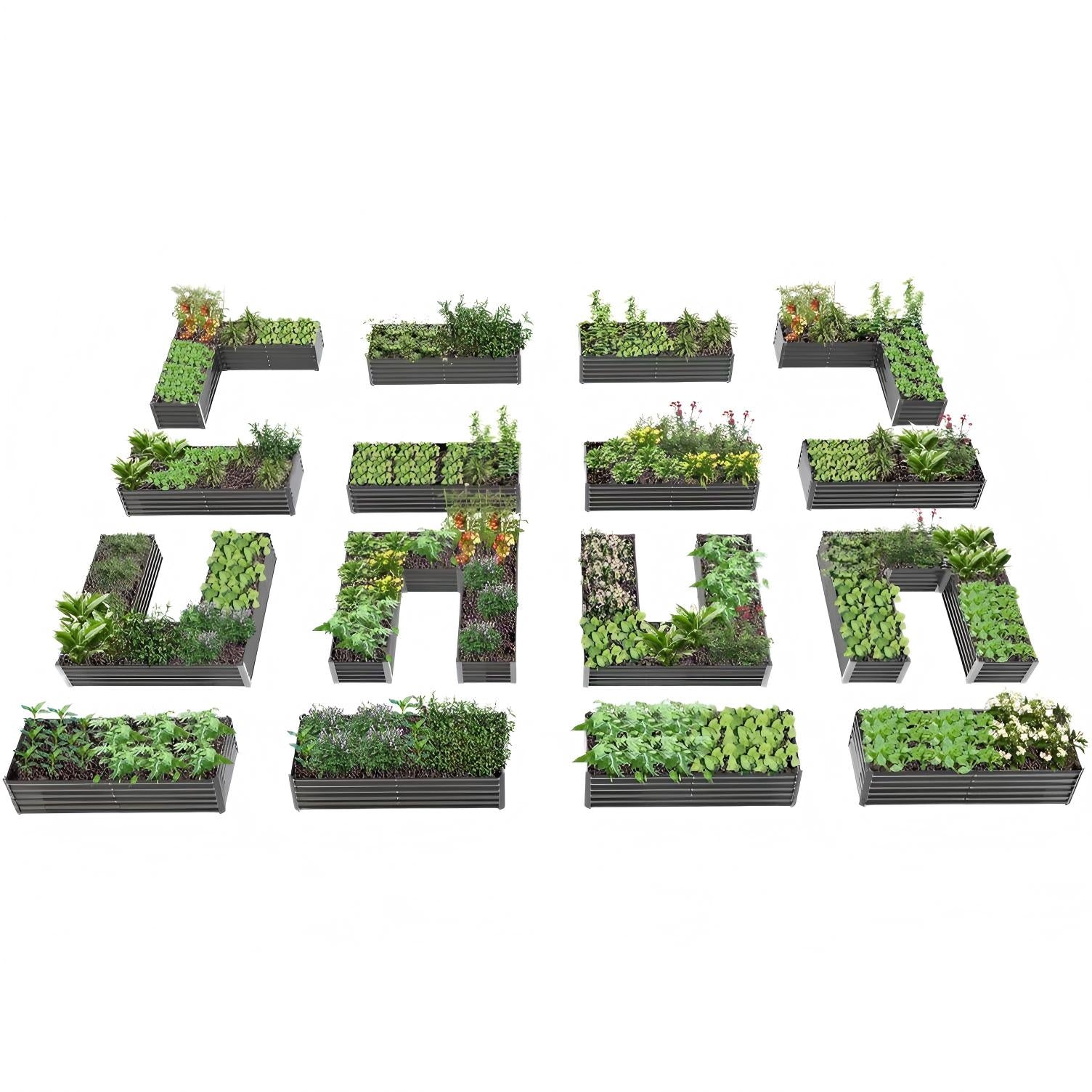 Set of small garden beds with plants arranged to spell out 'Garden' on a white background #quartz-gray